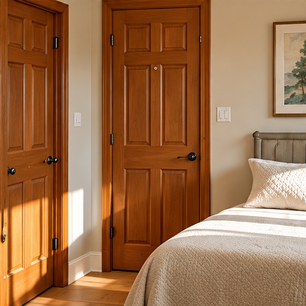 Reference bedroom with brown paneled door